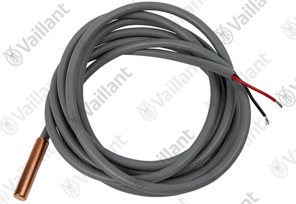 Graues Kabel mit einer temperaturabhängigen Sonde am Ende, hergestellt von Vaillant, mit zwei elektrischen Leitungen in Schwarz und Rot.